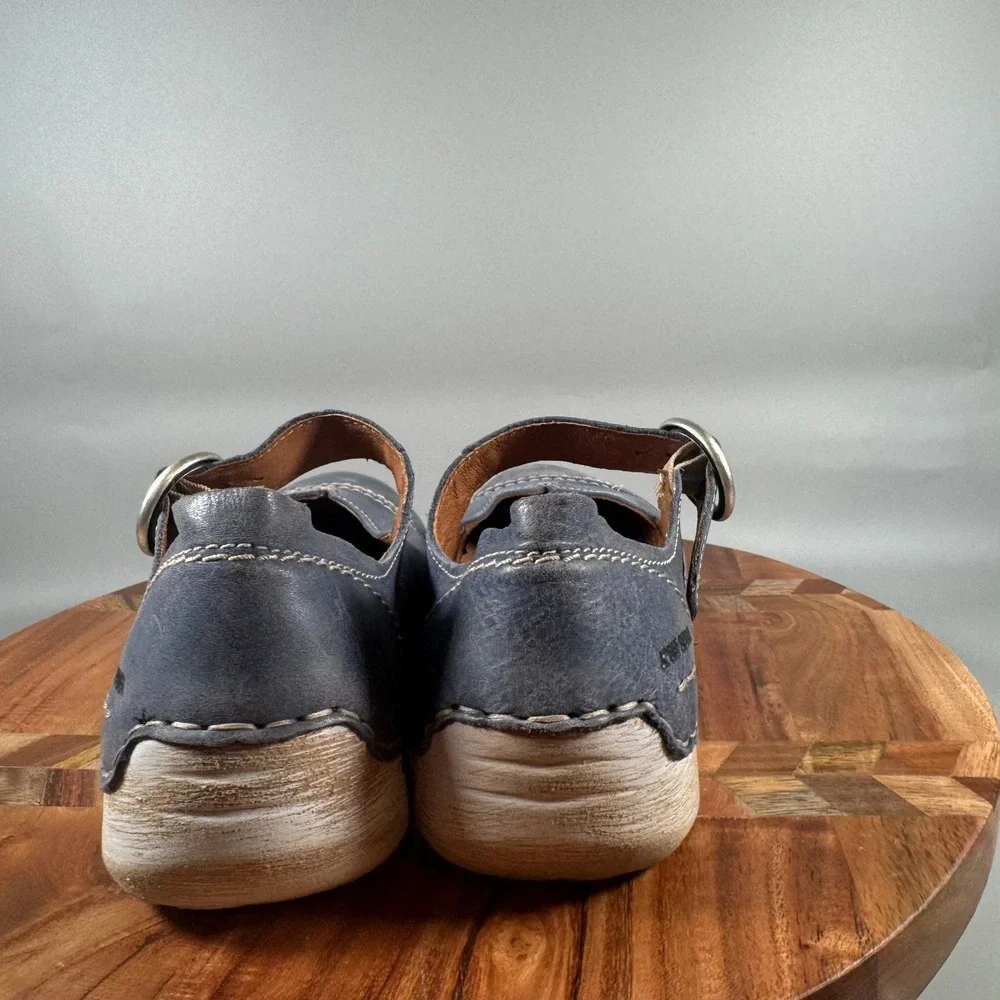 Josef Seibel Blue Leather Mary Jane Buckle Shoes Womens 39 Contrast Stitching